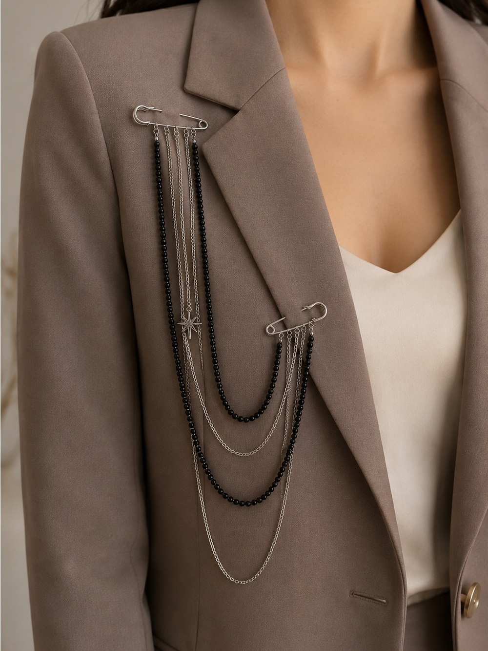 Silver Safety Pin Chain Brooch Gothic Punk Grunge Statement Lapel Pin